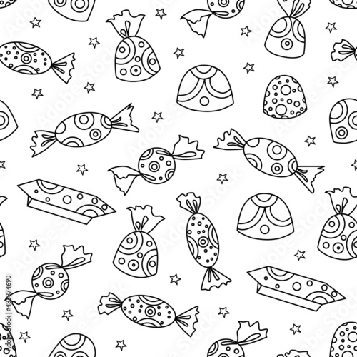 Various candy seamless pattern. Vector contour background of sweets. Coloring book
