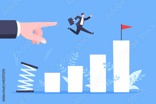 Business mentor helps to improve career with springboard vector illustration. Business person jumps above career ladder graph. Success growth, motivation opportunity, boost career concept.