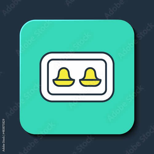 Filled outline Earplugs with storage box icon isolated on blue background. Ear plug sign. Noise symbol. Sleeping quality concept. Turquoise square button. Vector