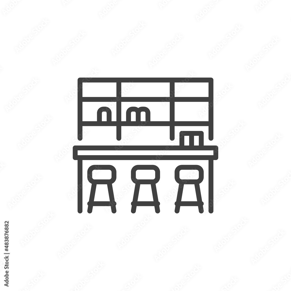 Bar counter and chairs line icon Bar counter and chairs line icon
