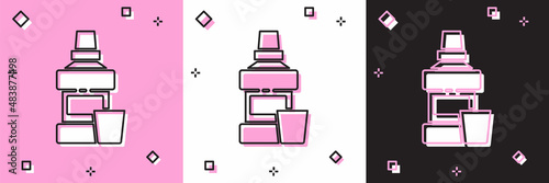 Set Mouthwash plastic bottle and glass icon isolated on pink and white, black background. Liquid for rinsing mouth. Oralcare equipment. Vector