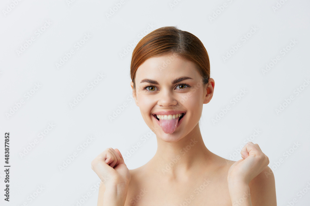 young woman smiling woman bare shoulders clean skin charm Model isolated background young woman smiling woman bare shoulders clean skin charm Model isolated background