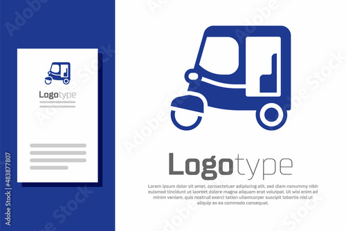 Blue Taxi tuk tuk icon isolated on white background. Indian auto rickshaw concept. Delhi auto. Logo design template element. Vector