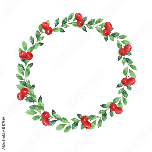 Green leaves and red berries round frame. Christmas holiday wreath. Hand drawn watercolor illustration.