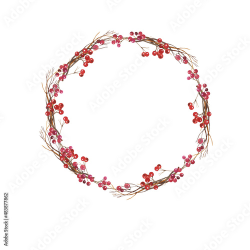 Red berries and dry branches decorative wreath. Holiday decoration. Hand drawn watercolor illustration.