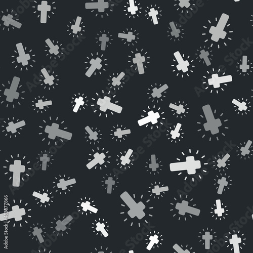 Grey Christian cross icon isolated seamless pattern on black background. Church cross. Vector