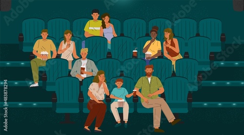 People watching movie at cinema theater and sitting in chairs in auditorium. Concept vector hand drawn illustration. Couple, family with kids, man and women watch film and eat popcorn