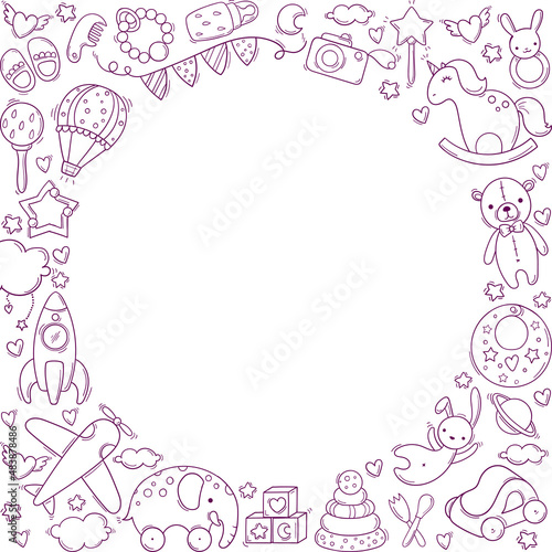 Baby Shower cute greeting card template with toys. Circle text place © mrFox11
