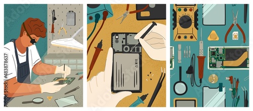 Mobile phone repair concept vector posters set. Man fix broken smartphone. Maintenance and smart phone repair service. Man using screwdriver to disassemble and fix telephone. Technical tools