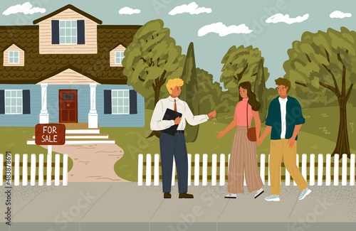 Couple choosing house to buy. Real estate concept vector illustration. Real estate agent offers property for sale. Broker helps people buying or renting house