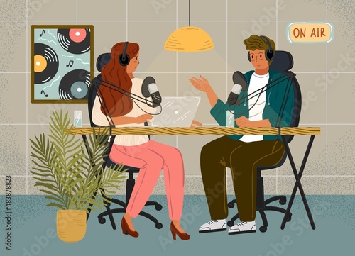 Two radio hosts in headphones talking and recording podcast in studio. Podcast and radio interview concept vector illustration. Live streaming, audio broadcast, mic