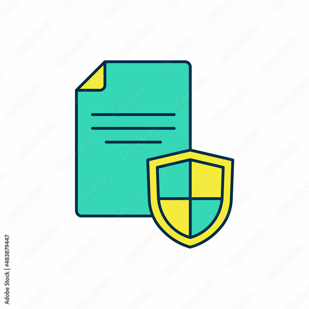 Filled outline Contract with shield icon isolated on white background. Insurance concept. Security, safety, protection, protect concept. Vector Filled outline Contract with shield icon isolated on white background. Insurance concept. Security, safety, protection, protect concept. Vector