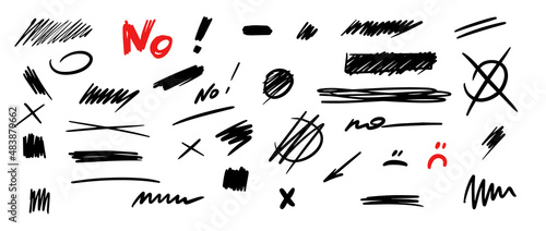 Doodle negative vote, No sign, lines, circle cross black sketch set. Pencil mark vector illustration. Hand drawn simple elements on white background. Cool hand drawn graphic print.