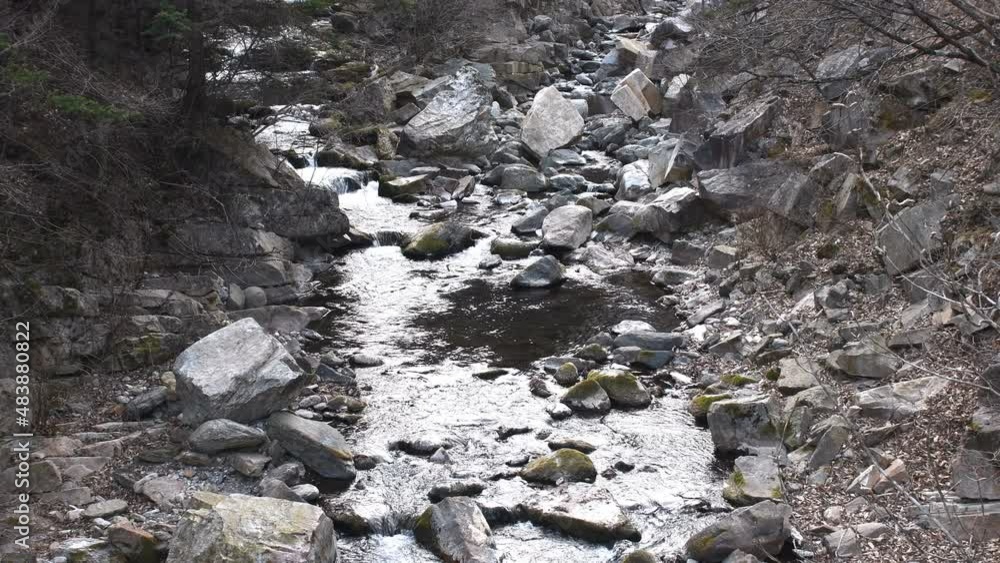 Mountain stream meandering through rocks and boulders Mountain stream meandering through rocks and boulders
