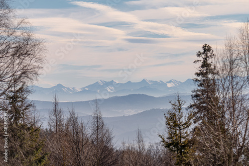 Winter view of the Tatra Mountains from Magurka Hill, Beskid Slaski Mountains