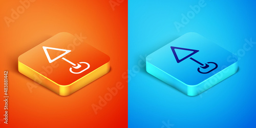 Isometric Triangle warning blank icon isolated on orange and blue background. Traffic rules and safe driving. Vector
