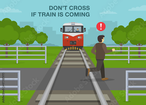 Railroad safety rules and tips. Don't cross if train is coming. Young male character crossing the railroad tracks while train is approaching. Flat vector illustration template. 