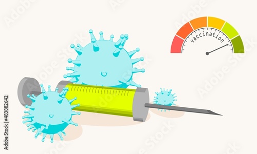 Abstract viruses and syringe with vaccination measuring scale. Medical research theme