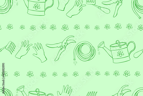 Seamless pattern with outline garden equipments: watering can, rake, hoe, gloves, pruner, hose for irrigation. Vector backgrounds and textures with tools gardening in doodle style