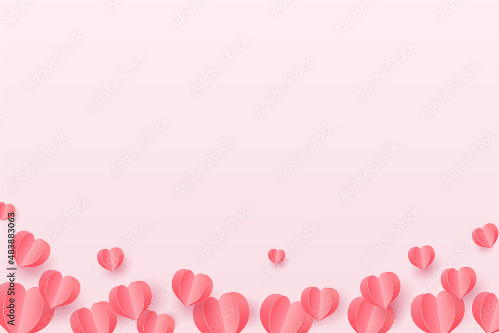 Paper cut style background template and copyspace of flying hearts. Vector illustration