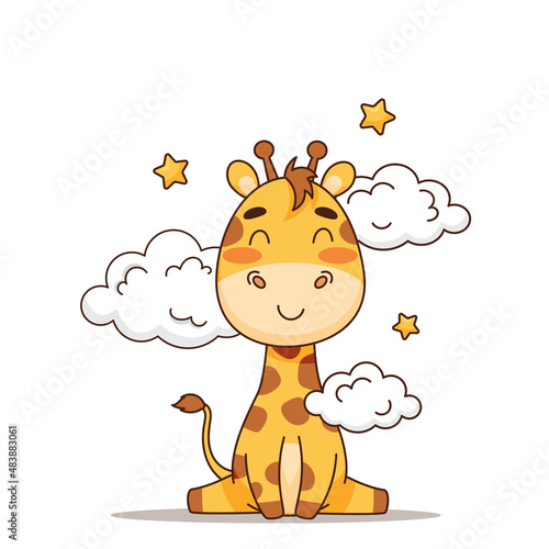 The giraffe sits happy, smiles near the clouds and stars. Vector illustration for designs, prints and patterns. Vector illustration