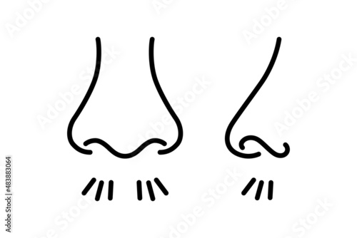 Nose and breath icon. Nasal breathing. Human organ of smell. Unpleasant smell. Nose inhales fragrance. Set of outline icons. Vector illustration in line style on white background. Editable stroke.