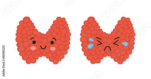 Healthy happy thyroid and upset unhealthy thyroid cartoon characters. Kawaii organs. Vector illustration isolated in cartoon style on white background.