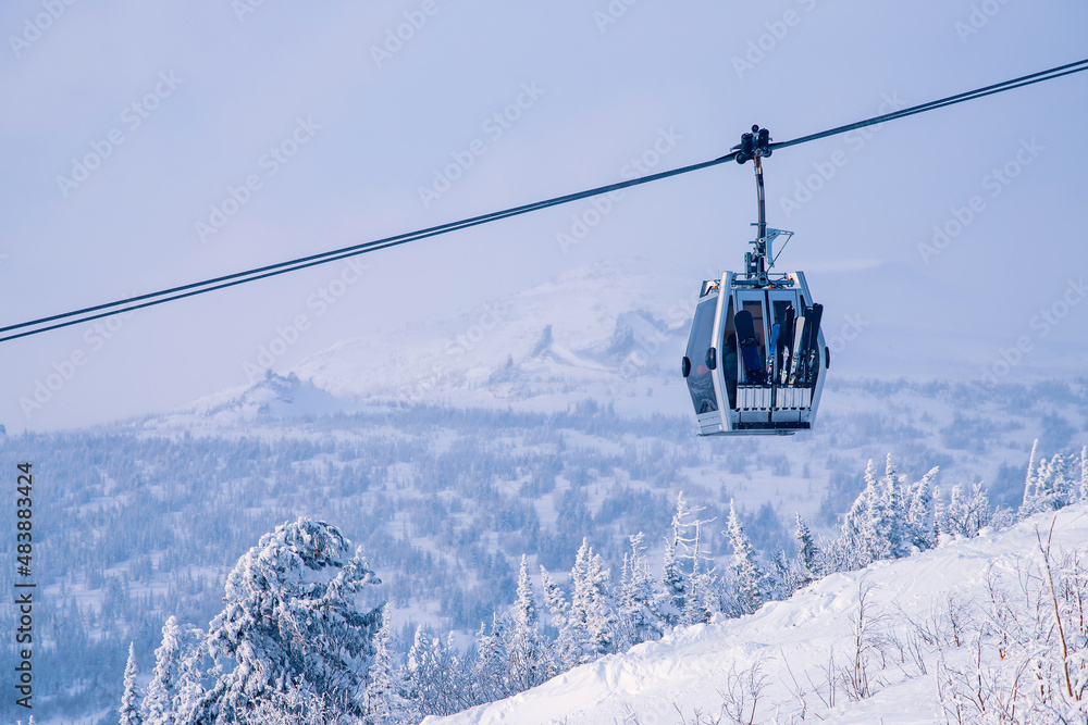 Landscape on mountain Sheregesh ski lift resort in winter sunset, aerial top view Kemerovo region Russia Landscape on mountain Sheregesh ski lift resort in winter sunset, aerial top view Kemerovo region Russia