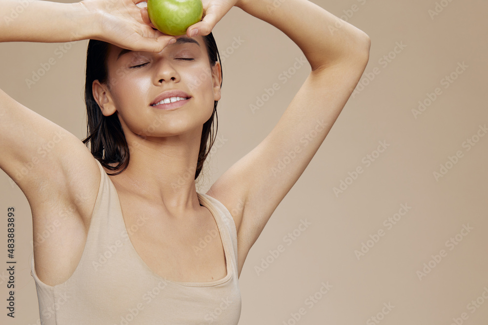 woman happy smile green apple health isolated background woman happy smile green apple health isolated background