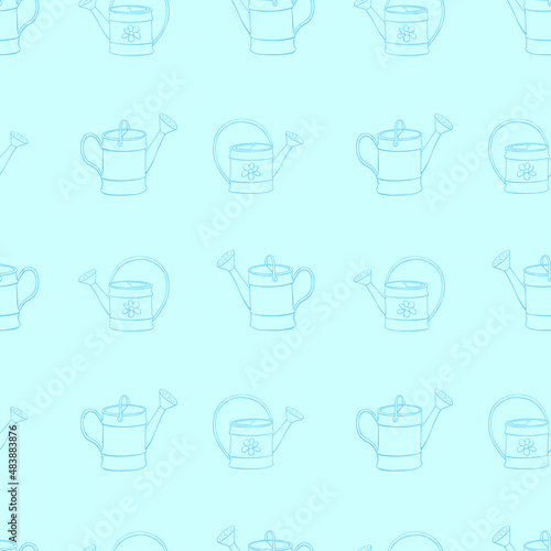 Seamless pattern with watering cans. Hand drawn outline vector background and texture in doodle style, isolated. Gardening tools for working in the garden, on the farm, in the dacha, country site