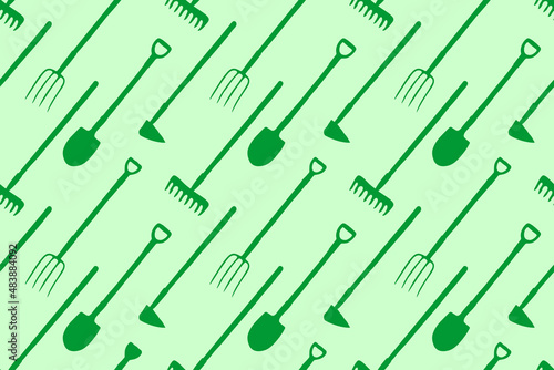 Seamless pattern with garden equipments: shovels, spades, rakes, hoes, pitchforks. Vector backgrounds and textures with tools for working on the farm, in dacha, country site in flat style