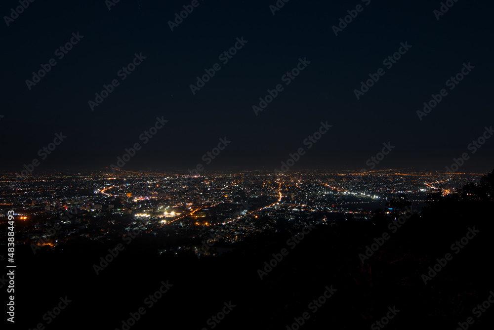 night view of the city, aerial view, night city view with night sky, light bokeh city landscape at night sky 