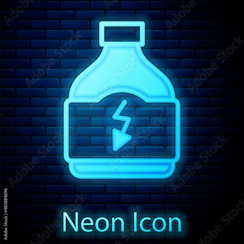 Glowing neon Sports nutrition bodybuilding proteine power drink and food icon isolated on brick wall background. Vector