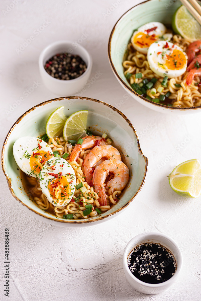 Bowl of ramen soup with shrimps and eggs Bowl of ramen soup with shrimps and eggs