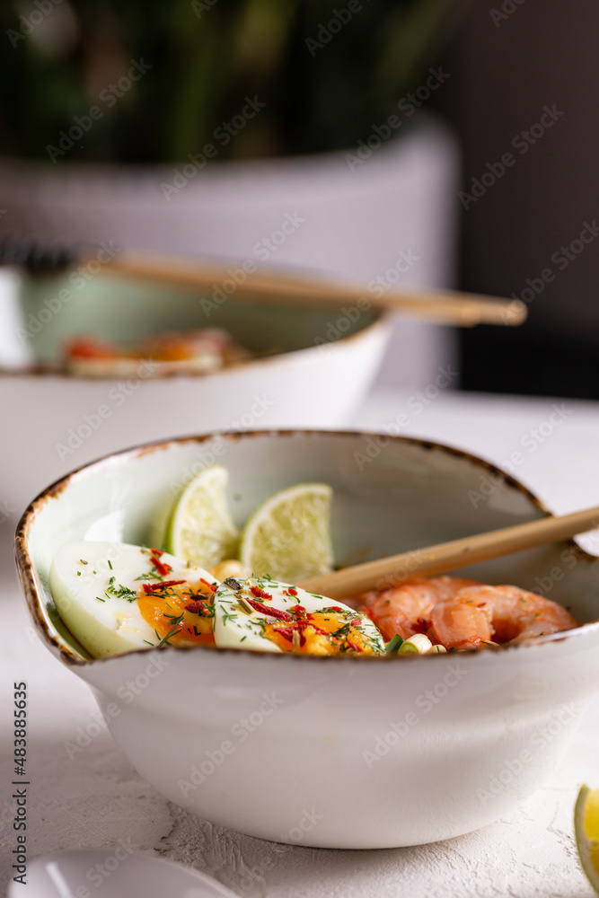 Asian ramen soup with shrimps
