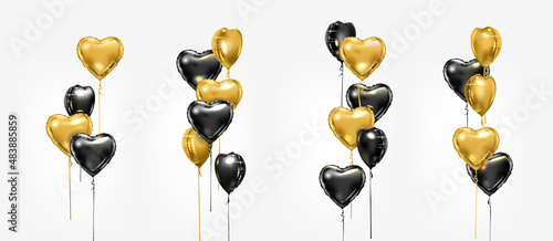 Black and golden foil balloon bunch. Vector heart shape air balloon compositions set. Valentine day or birthday party decoration elements.