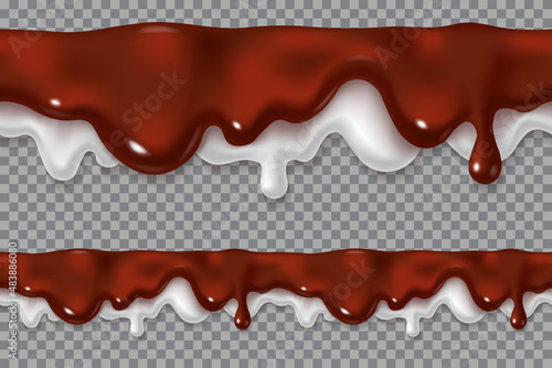 Melted chocolate and cream drip seamless. Realistic vector 3d illustration of brown cream sauce with milk or syrup drop. Repeatable horizontal border element.