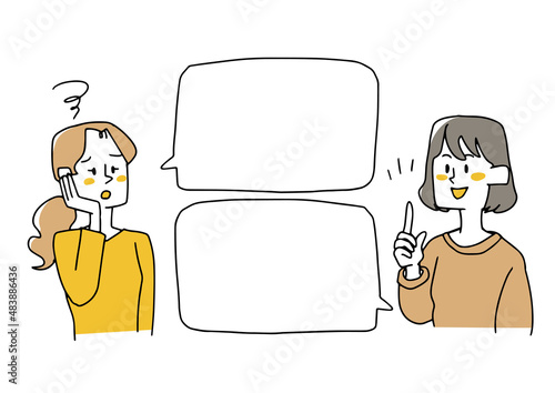 悩んでいる女性とアドバイスをする女性　コミカルな手書きの人物　ベクター、線画にシンプルな色つけ　