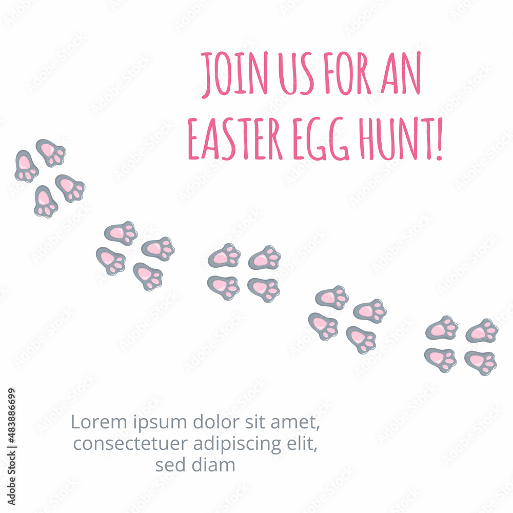 Fototapeta premium Easter bunny foot print direction point for egg hunt invitation. Vector stock illustration isolated on white background. 