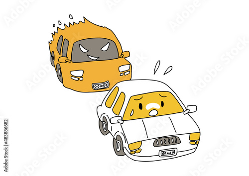 煽り運転の車に急かされる車（擬人化）　コミカルな手書きの人物　ベクター、線画にシンプルな色つけ　