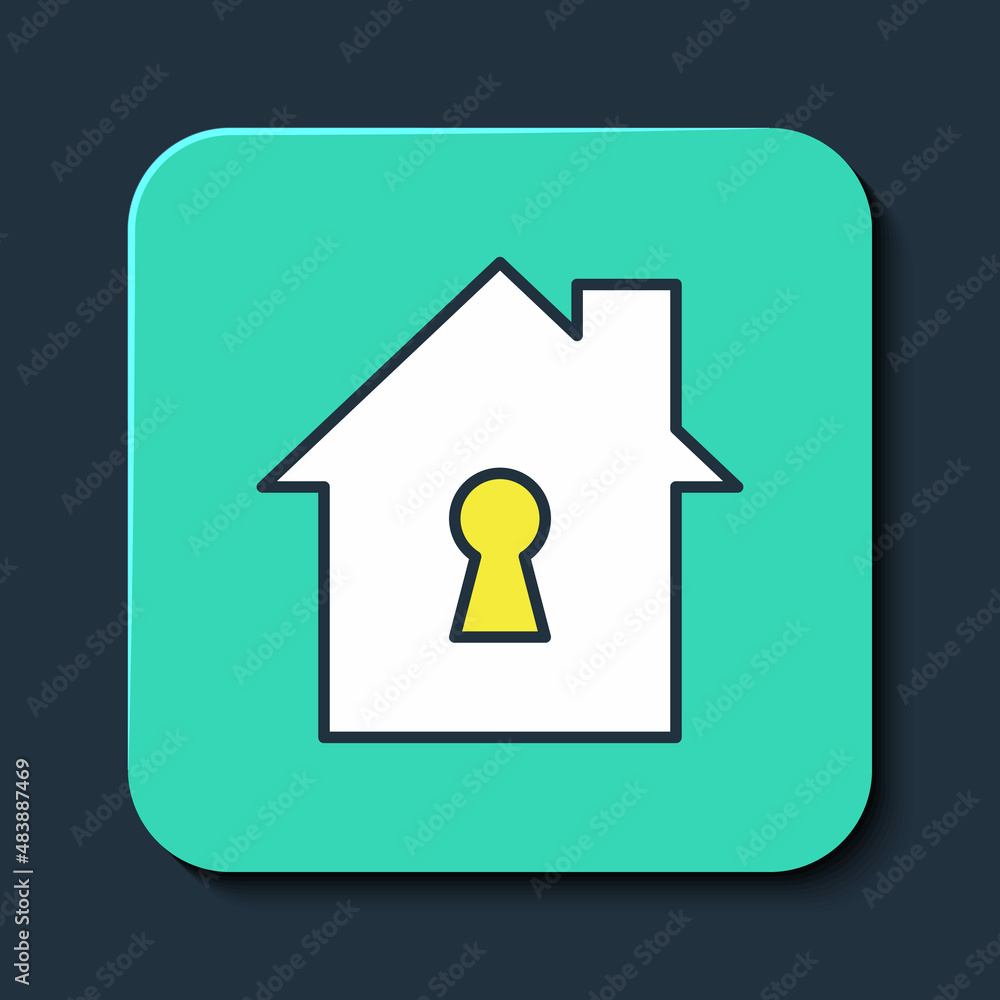 Filled outline House under protection icon isolated on blue background. Home and shield. Protection, safety, security, protect, defense concept. Turquoise square button. Vector Filled outline House under protection icon isolated on blue background. Home and shield. Protection, safety, security, protect, defense concept. Turquoise square button. Vector