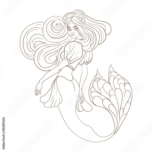 Mermaid. Art line. Vector illustration. Isolated illustration on white background