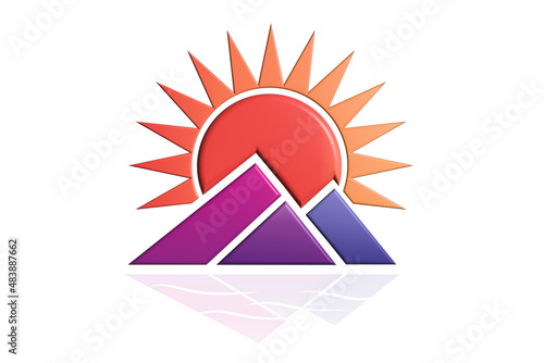 Logo 3D mountain of colors with a big beautiful sun and water refletion icon vector design photo