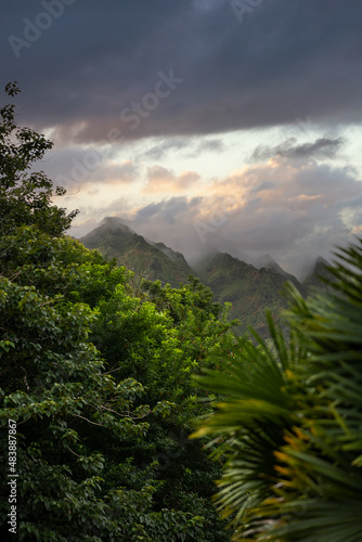 Scenic view through green to mountains with sunset clouds  landscape background