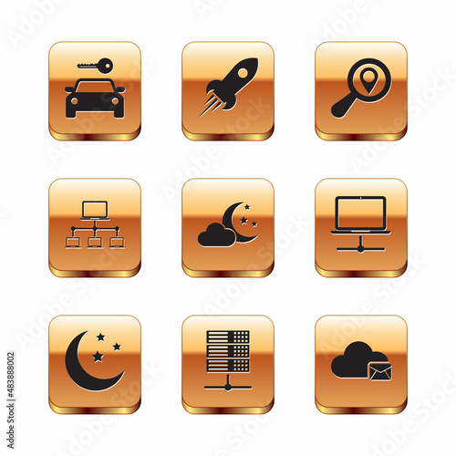 Set Car rental, Moon and stars, Server, Data, Web Hosting, Cloud with moon, Computer network and Search location icon. Vector