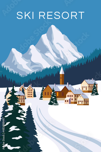Mountain vintage winter resort village Alps, Switzerland. Snow landscape peaks, slopes. Travel retro poster, vector illustration