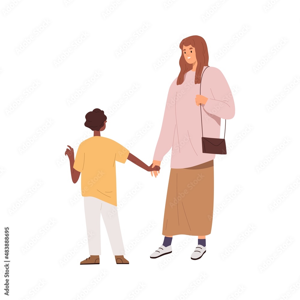 Mother and son, biracial family. Mom and child of different race. Woman and black kid talking, lifestyle scene. Parent and adopted boy. Flat vector illustration isolated on white background