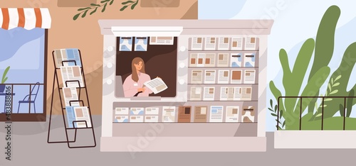 Street newsstand with paper newspapers, latest press. Seller in news stand, kiosk. Woman vendor behind stall in mass media booth with magazines. Newsagent in city. Flat vector illustration photo