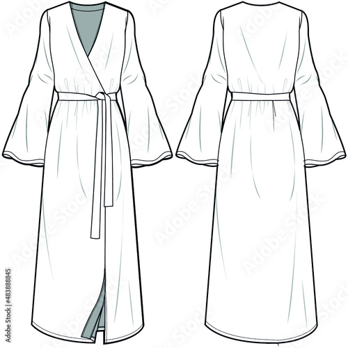 Trumpet Sleeve Overlap Dress, Bell Sleeve Crossover Maxi Dress With Tie, Abaya,  Modesty Dress. Front and Back View. Fashion Illustration, Vector, CAD, Technical Drawing, Flat Drawing.	