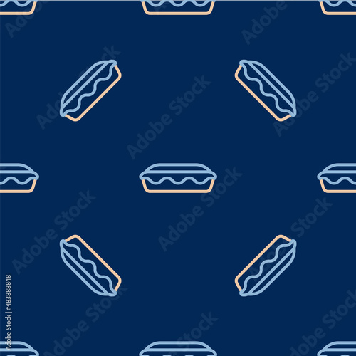 Line Homemade pie icon isolated seamless pattern on blue background. Vector